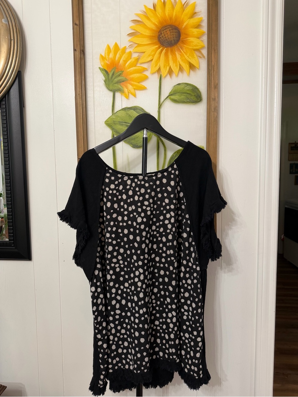 Black & Taupe Polka Dot Fringe Tunic Top